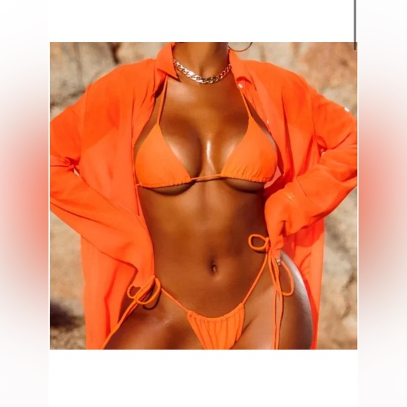 Matte Collection bright orange 3 piece bikini high waist stringy sheer shirt S - Picture 2 of 4